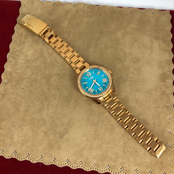 Vintage Fossil Teal Watch Rose Gold Crystal Bezel - Picture 5 of 6